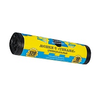 Мешки для мусора 120 л, с ушками, черные, в рулоне 10 шт., ПНД, 13 мкм, 1050х680 мм, Крепакоф, 4607075710436 в Бишкеке