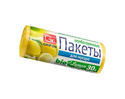 Мешки для мусора 30 л, ароматизированные, Лимон, желтые, в рулоне 20 шт., ПНД, 9 мкм, 560х530 мм, GRIFON Aroma, 101-020 Li в Бишкеке